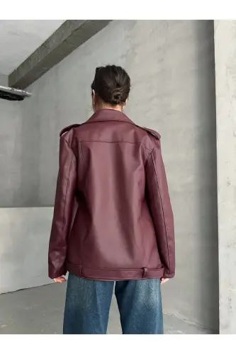 Bordo Oversize Kadın Uzun Biker Deri Ceket - Bordo - 3
