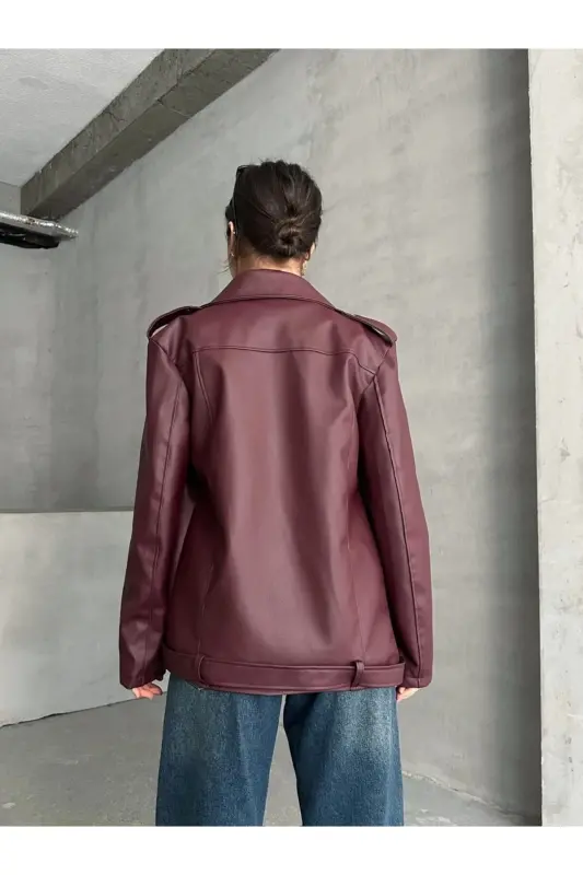 Bordo Oversize Kadın Uzun Biker Deri Ceket - Bordo - 3