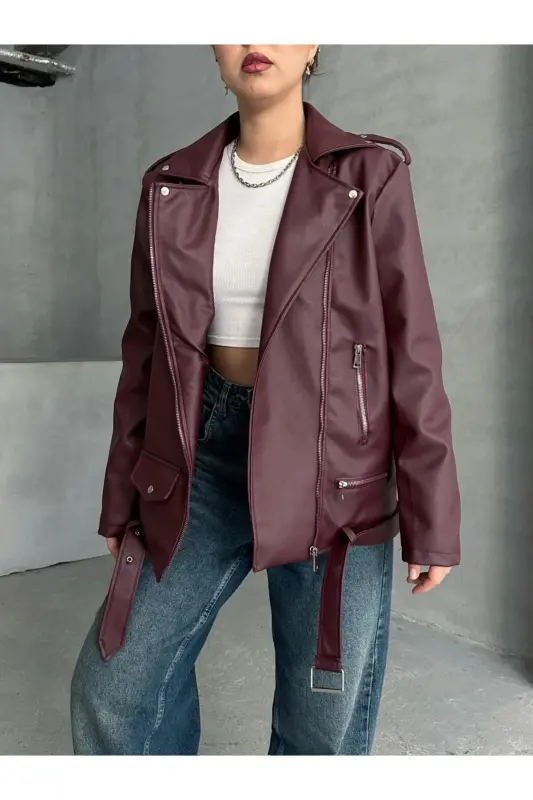 Bordo Oversize Kadın Uzun Biker Deri Ceket - Bordo - 4