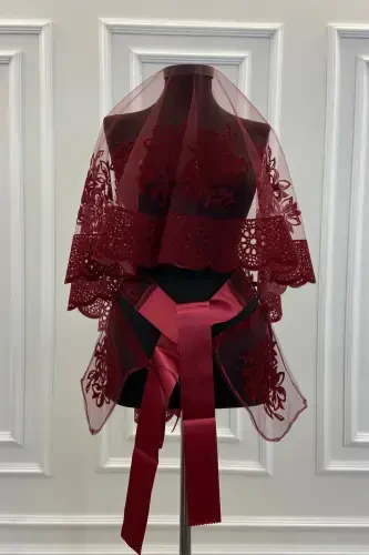 Bordo Oya Ve Çiçek Desen Flok Baskı Simli Gelin Duvak Kuşak Eldiven Set-FLOKOYALIÇİÇEKLİBORDO - 1