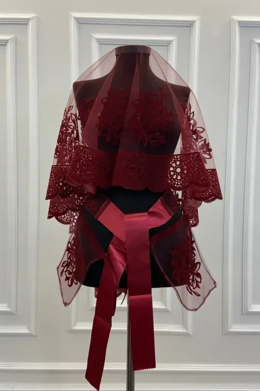 Bordo Oya Ve Çiçek Desen Flok Baskı Simli Gelin Duvak Kuşak Eldiven Set-FLOKOYALIÇİÇEKLİBORDO - ZEYMERADE