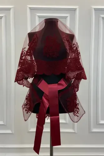 Bordo Oya Ve Çiçek Desen Flok Baskı Simli Gelin Duvak Kuşak Eldiven Set-FLOKOYALIÇİÇEKLİBORDO - 2