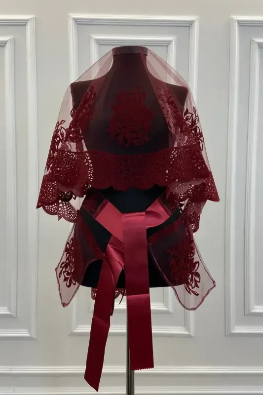 Bordo Oya Ve Çiçek Desen Flok Baskı Simli Gelin Duvak Kuşak Eldiven Set-FLOKOYALIÇİÇEKLİBORDO - 2