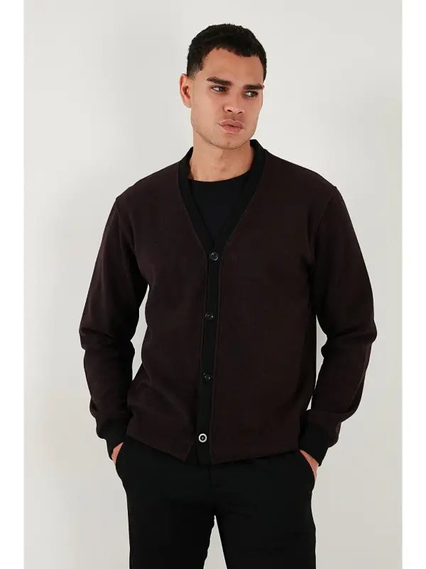 Bordo Pamuklu Regular Fit Düğmeli V Yaka Erkek Hırka 456205-Bordo - 3