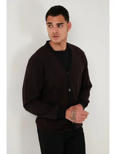 Bordo Pamuklu Regular Fit Düğmeli V Yaka Erkek Hırka 456205-Bordo - 4