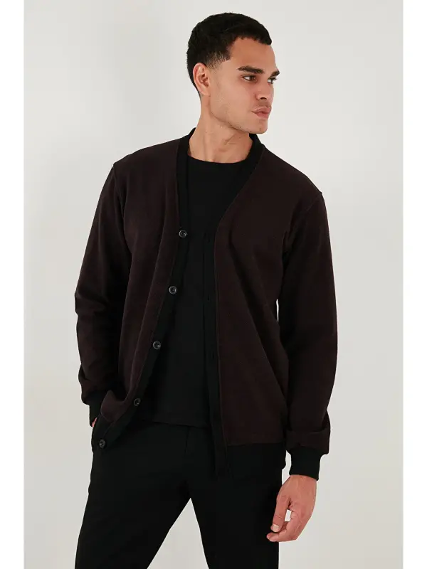 Bordo Pamuklu Regular Fit Düğmeli V Yaka Erkek Hırka 456205-Bordo - 5