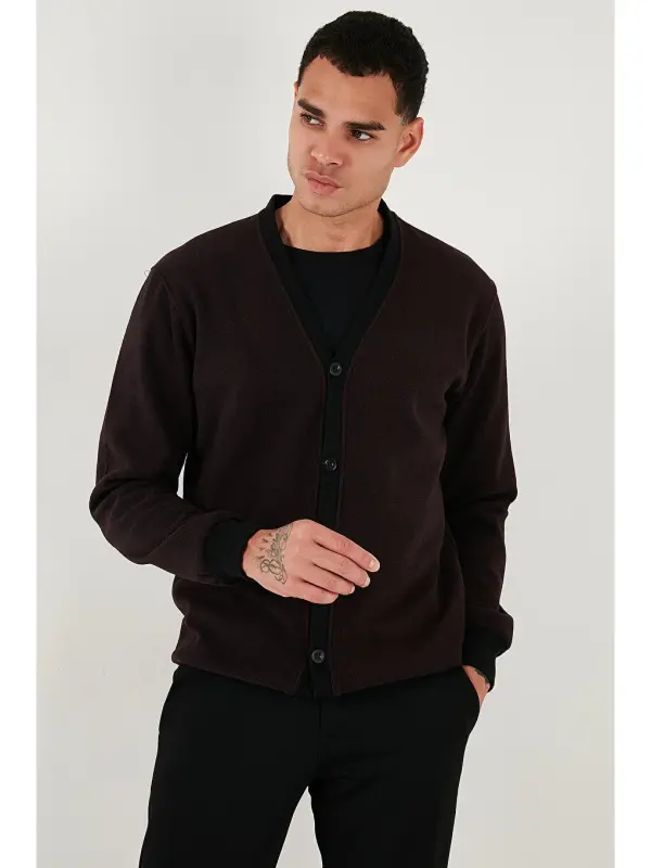 Bordo Pamuklu Regular Fit Düğmeli V Yaka Erkek Hırka 456205-Bordo - 6