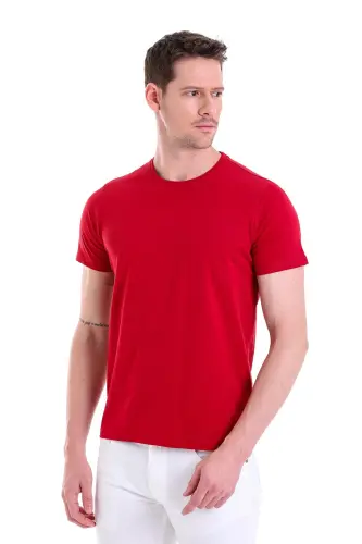 Bordo Regular Fit Düz 100% Pamuk Bisiklet Yaka Tişört - Bordo - 3