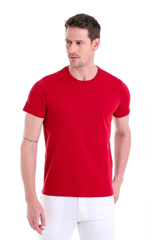 Bordo Regular Fit Düz 100% Pamuk Bisiklet Yaka Tişört - Bordo - 4