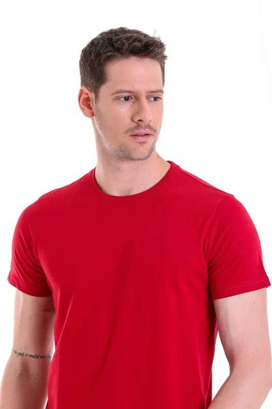 Bordo Regular Fit Düz 100% Pamuk Bisiklet Yaka Tişört - Bordo - 5