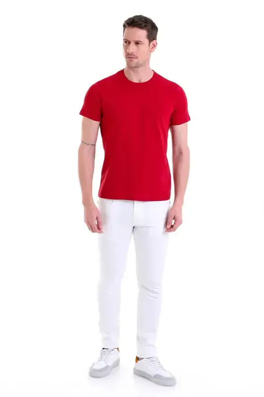 Bordo Regular Fit Düz 100% Paxta Velosiped Yoqali Futbolka-Bordo - 2