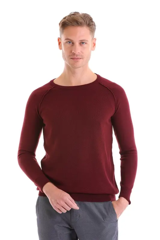 Bordo Regular Fit naqshli velosiped yoqali jun trikotaji - 1