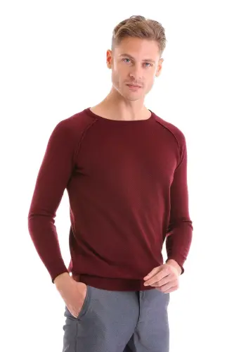 Bordo Regular Fit naqshli velosiped yoqali jun trikotaji - 3