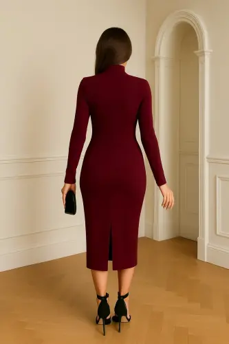 BORDO RENK MİDİ BOY BROŞ DETAYLI YIRTMAÇLI UZUN KOLLU ABİYE ELBİSE 771-Bordo771 - 4