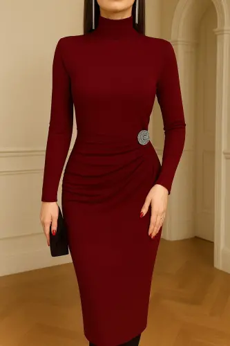 BORDO RENK MİDİ BOY BROŞ DETAYLI YIRTMAÇLI UZUN KOLLU ABİYE ELBİSE 771-Bordo771 - 2