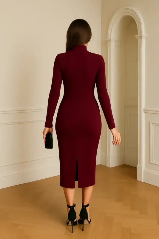 BORDO RENK MİDİ BOY BROŞ DETAYLI YIRTMAÇLI UZUN KOLLU ABİYE ELBİSE 771-Bordo771 - 4