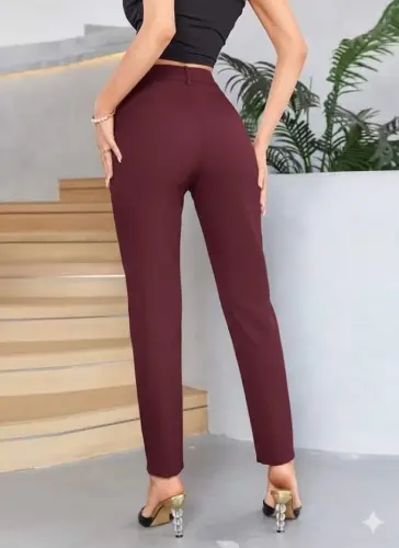 Bordo Renk Yüksek Bel Maskülen Kesim Kumaş Pantolon - 4