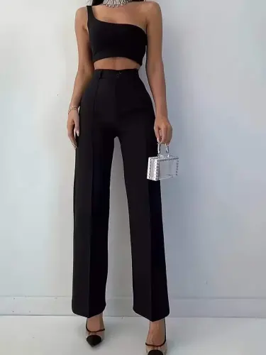 Bordo Renk Yüksek Bel Maskülen Kesim Kumaş Pantolon - 3