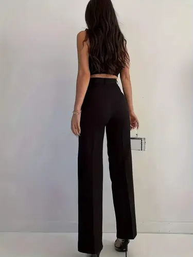 Bordo Renk Yüksek Bel Maskülen Kesim Kumaş Pantolon - 4