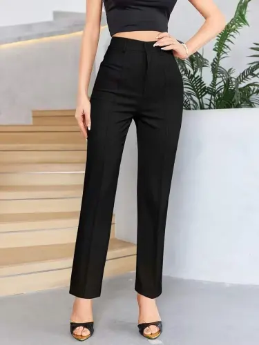 Bordo Renk Yüksek Bel Maskülen Kesim Kumaş Pantolon - 5