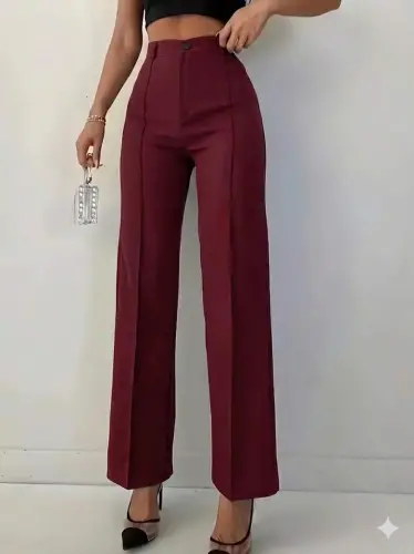 Bordo Renk Yüksek Bel Maskülen Kesim Kumaş Pantolon - 11