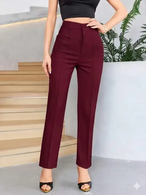 Bordo Renk Yüksek Bel Maskülen Kesim Kumaş Pantolon - 12
