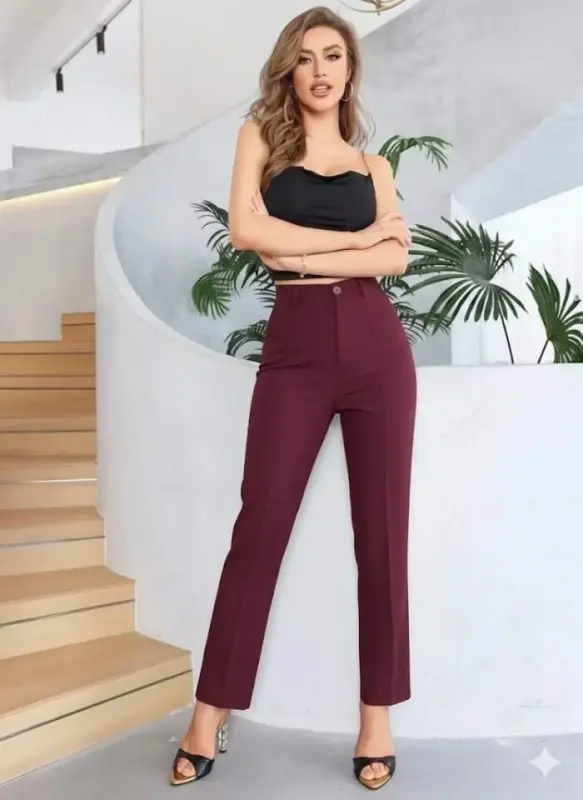 Bordo Renk Yüksek Bel Maskülen Kesim Kumaş Pantolon - 13