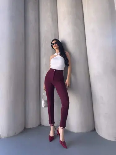 Bordo Renk Yüksek Bel Maskülen Kesim Kumaş Pantolon - 14