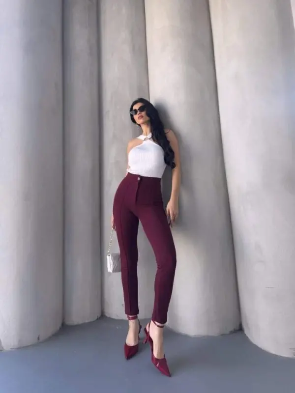 Bordo Renk Yüksek Bel Maskülen Kesim Kumaş Pantolon - 15