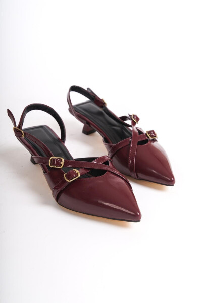 Bordo Rugan 3 cm. Kitten Topuklu Ayakkabı Bantlı Gold Toka Detaylı Sivri Burun Cherry Red - Bordo Rugan - 4