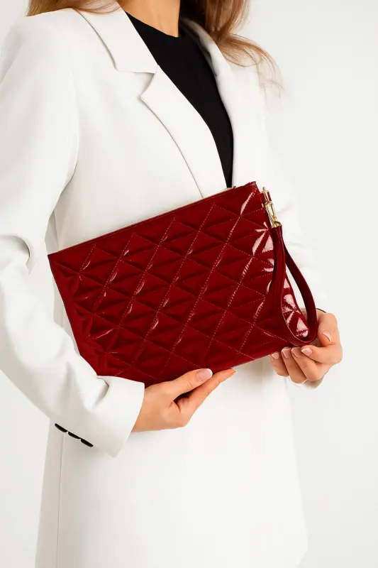 Bordo Rugan Üçgen Desenli Portföy Clutch El Çantası 25x19 Cm - Bordo Rugan - 1