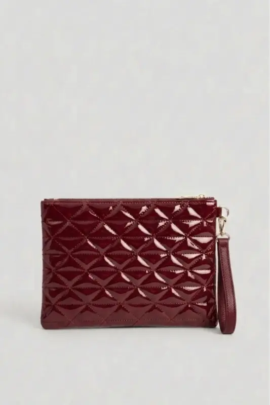 Bordo Rugan Üçgen Desenli Portföy Clutch El Çantası 25x19 Cm - Bordo Rugan - 2