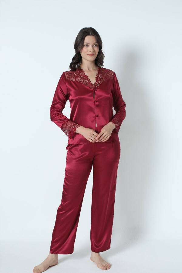 Bordo Saten Gecelik Sabahlık Pijama Takım Şort Takım 6'lı Gelin Çeyiz Seti 8670-Bordo - 7
