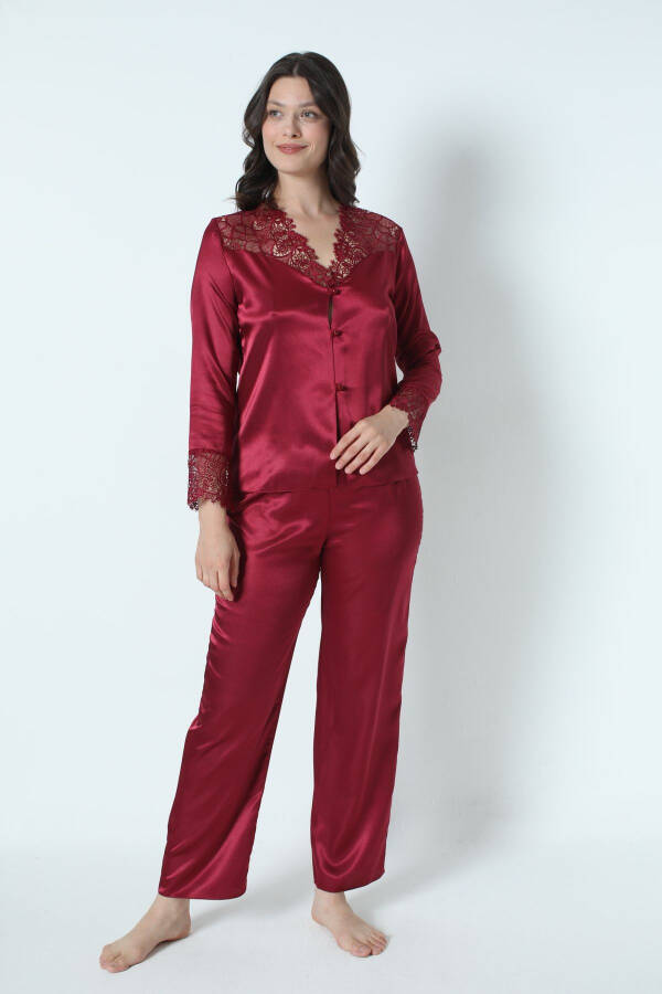 Bordo Saten Gecelik Sabahlık Pijama Takım Şort Takım 6'lı Gelin Çeyiz Seti 8670-Bordo - 8