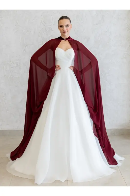 Bordo Shifon Kaftan - To'y libosining ustki qismi - Bindalli - Bordo Shifon Kaftan - Bordo Xina libos - 6