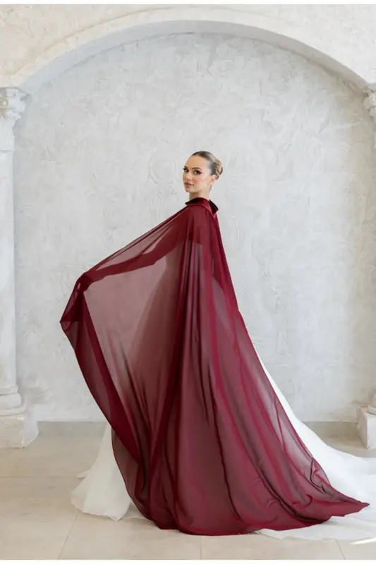 BORDO ŞİFON KAFTAN-GELİNLİK ÜSTÜ PELERİN-BİNDALLI-BORDO ŞİFON KAFTAN-BORDO KINA ELBİSESİ - 3