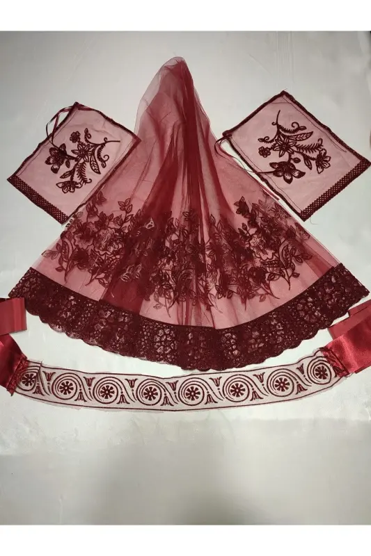 Bordo Simli Gelin Ve Ayyıldız Damat Kına Örtüsü Eldiveni Ve Kemeri Ile Kına Özel Duvak Seti-Zümrüt - 2