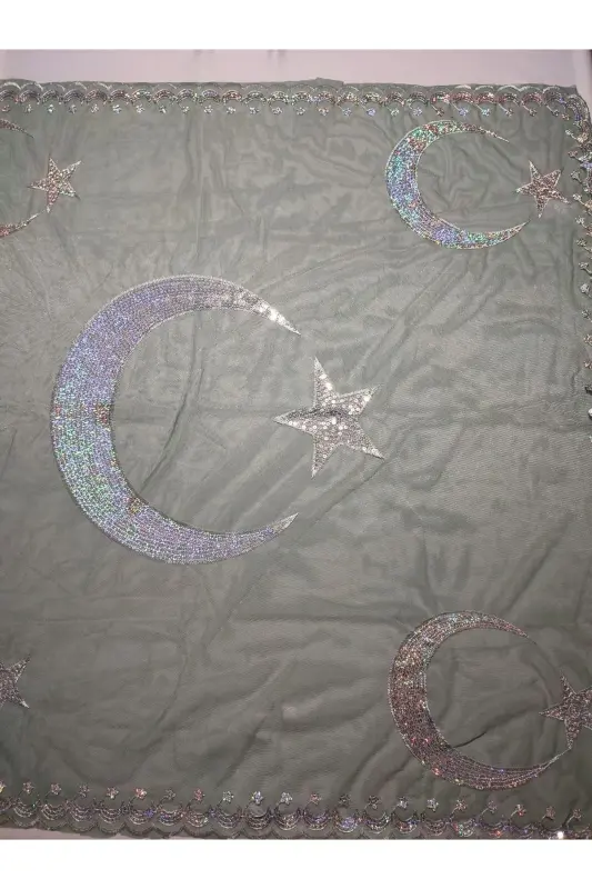 Bordo Simli Gelin Ve Ayyıldız Damat Kına Örtüsü Eldiveni Ve Kemeri Ile Kına Özel Duvak Seti-Zümrüt - 5