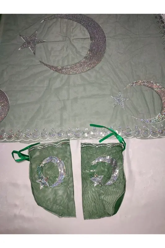 Bordo Simli Gelin Ve Ayyıldız Damat Kına Örtüsü Eldiveni Ve Kemeri Ile Kına Özel Duvak Seti-Zümrüt - 7