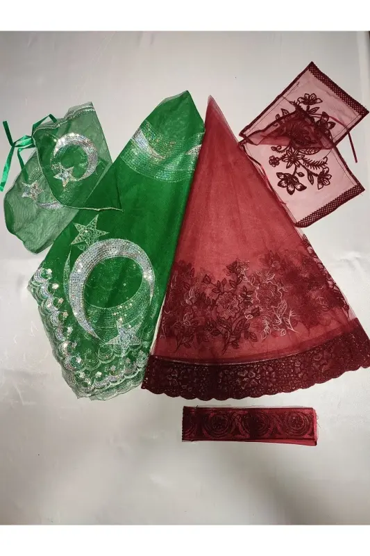 Bordo Simli Gelin Ve Ayyıldız Damat Kına Örtüsü Eldiveni Ve Kemeri Ile Kına Özel Duvak Seti-Zümrüt - 1