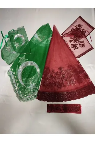 Bordo Simli Gelin Ve Ayyıldız Damat Kına Örtüsü Eldiveni Ve Kemeri Ile Kına Özel Duvak Seti-Zümrüt 