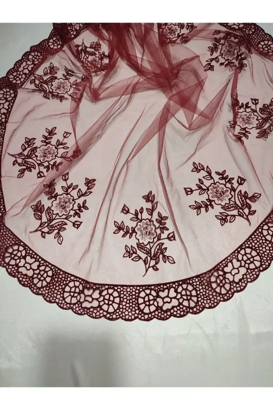 Bordo Simli Gelin Ve Ayyıldız Damat Kına Örtüsü Eldiveni Ve Kemeri Ile Kına Özel Duvak Seti-Zümrüt - 6