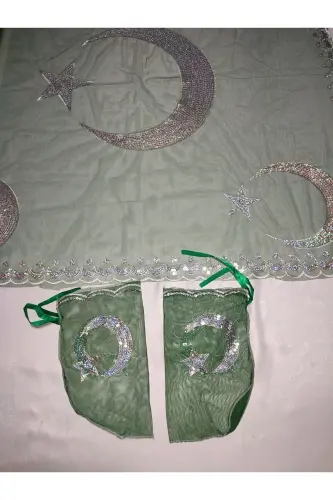 Bordo Simli Gelin Ve Ayyıldız Damat Kına Örtüsü Eldiveni Ve Kemeri Ile Kına Özel Duvak Seti-Zümrüt - 7