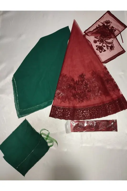 Bordo Simli Gelin Ve Kumaş Damat Kına Örtüsü Eldiveni Ve Kemeri Ile Kına Özel Duvak Seti-Yeşil - 1
