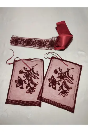 Bordo Simli Gelin Ve Kumaş Damat Kına Örtüsü Eldiveni Ve Kemeri Ile Kına Özel Duvak Seti-Yeşil - 8