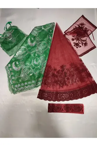 Bordo Simli Gelin Ve Tuğra Damat Kına Örtüsü Eldiveni Ve Kemeri Ile Kına Özel Duvak Seti-Mercan Yeşili - 1