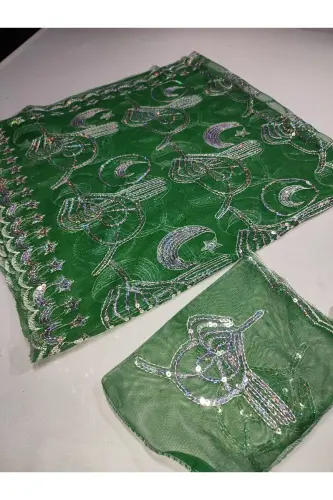 Bordo Simli Gelin Ve Tuğra Damat Kına Örtüsü Eldiveni Ve Kemeri Ile Kına Özel Duvak Seti-Mercan Yeşili - 5