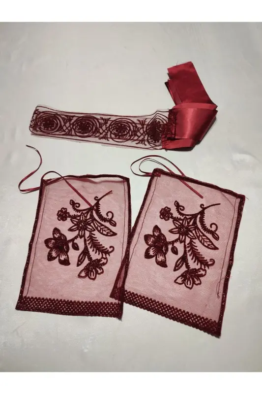 Bordo Simli Gelin Ve Tuğra Damat Kına Örtüsü Eldiveni Ve Kemeri Ile Kına Özel Duvak Seti-Mercan Yeşili - 8