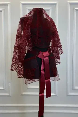 Bordo Simli Komple Desenli Gelin Duvak Seti, Kına Duvağı-FLOKSWAROVSKİBORDO - ZEYMERADE (1)