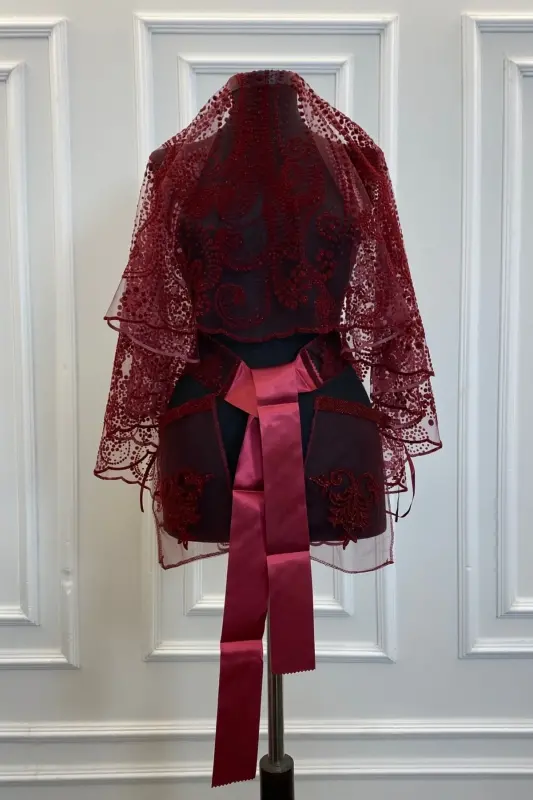 Bordo Simli Komple Desenli Gelin Duvak Seti, Kına Duvağı - FLOKSWAROVSKİBORDO - 3